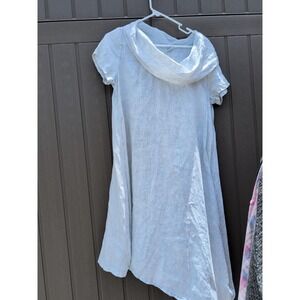 ET'LOIS USA Linen Cowl Neck Asymmetrical Pale Blue Dress